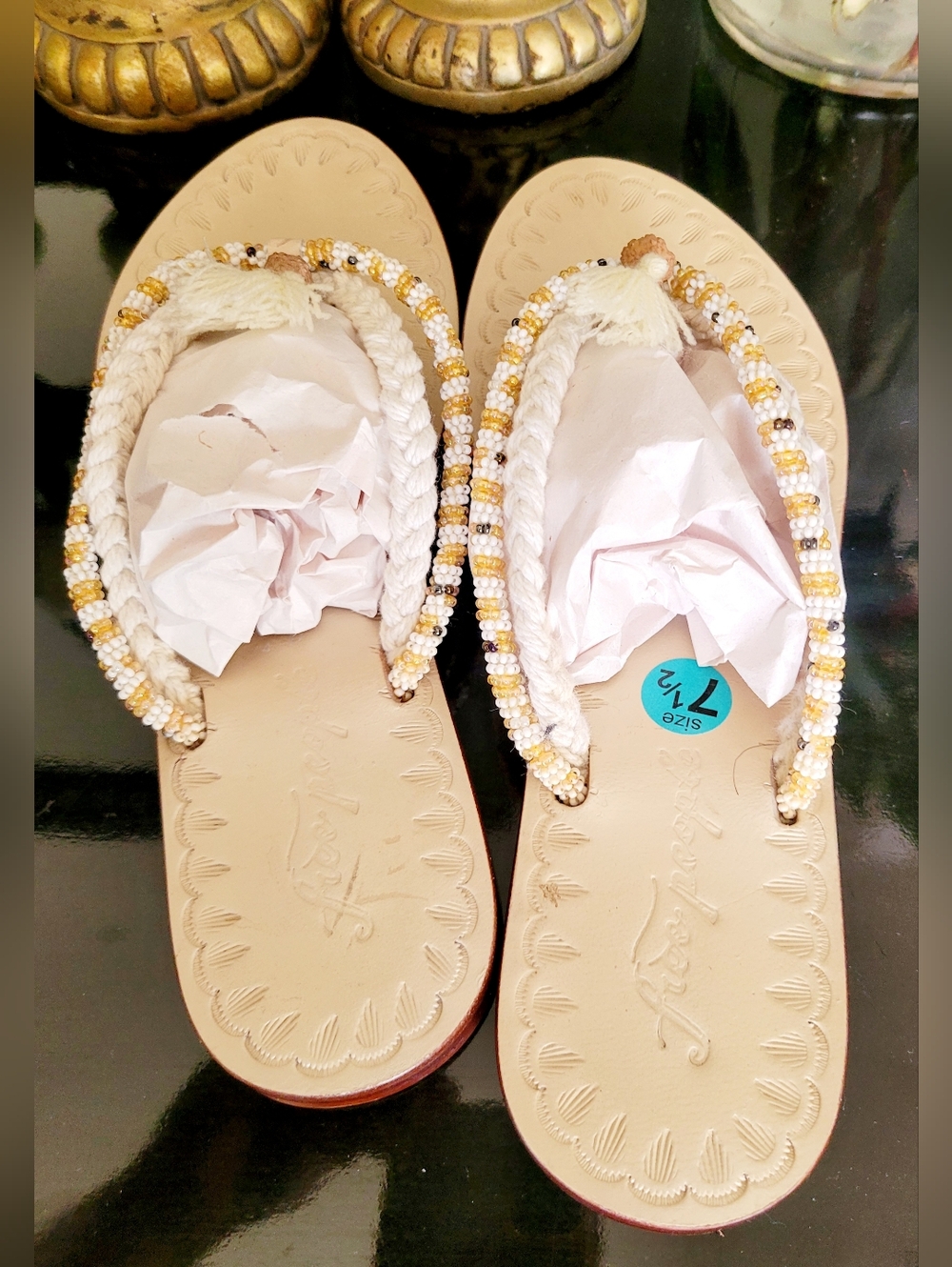 Free People Menorca Boho Braided Tassel Thong Sandals Cream Leather US 7-7.5 - Picture 15 of 16
